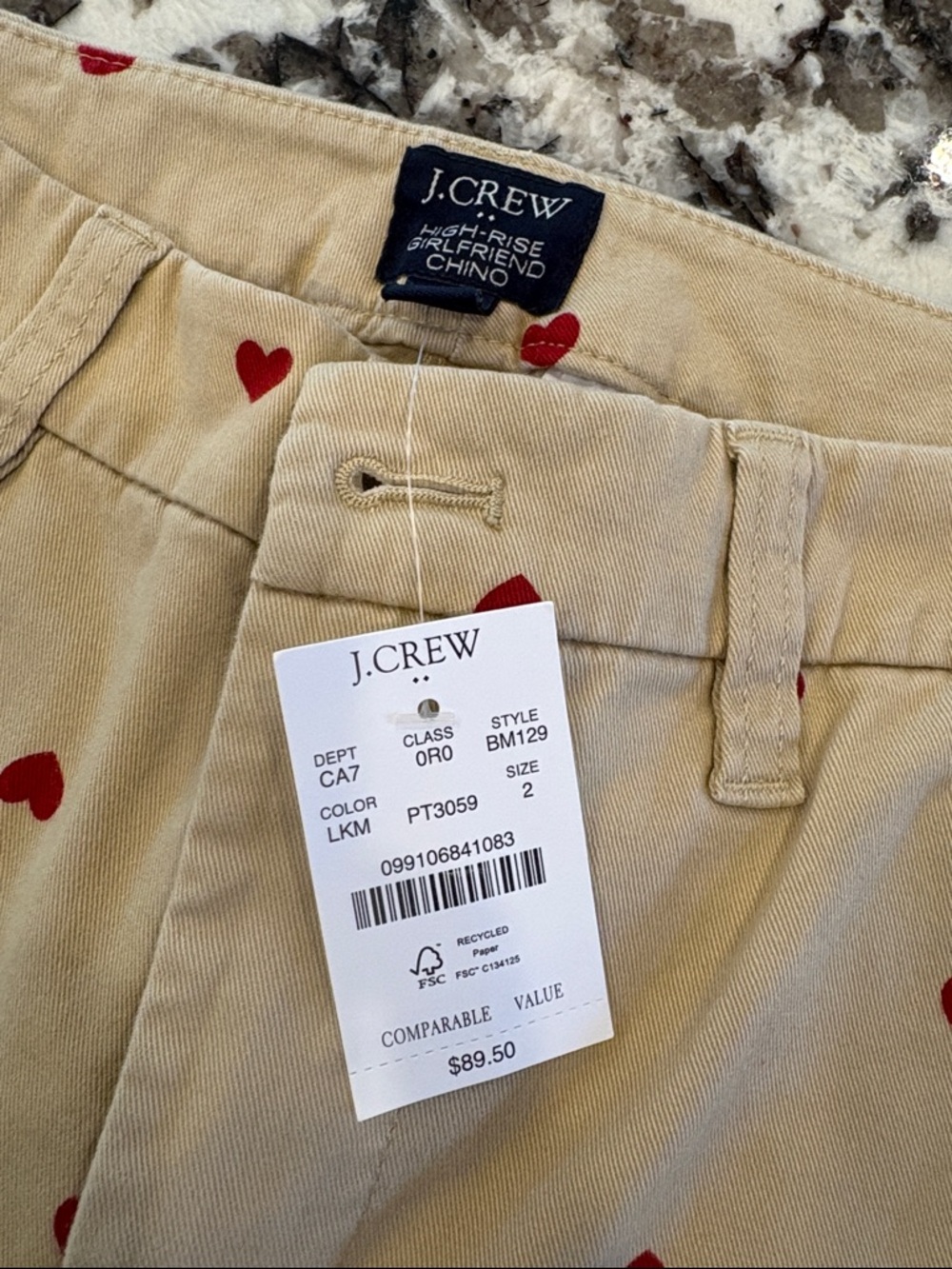 J. Crew Beige Chino Shorts with Red Heart Print, Women's NWT